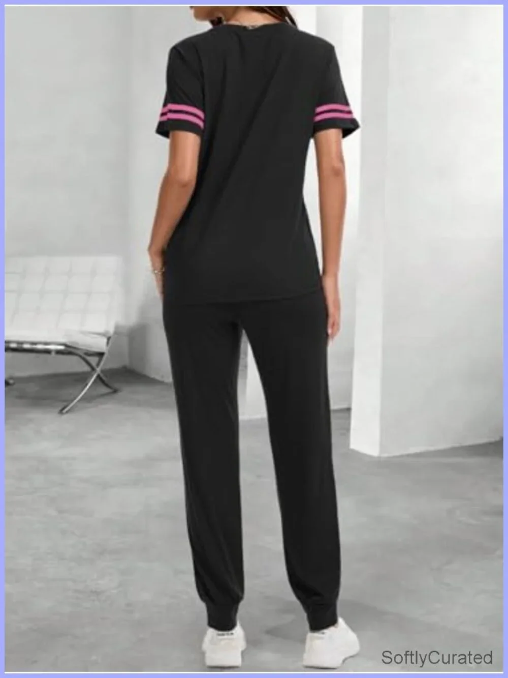 Women 2 Piece Striped Lounge Set Short Sleeve Crew Neck Pullover Tracksuit with